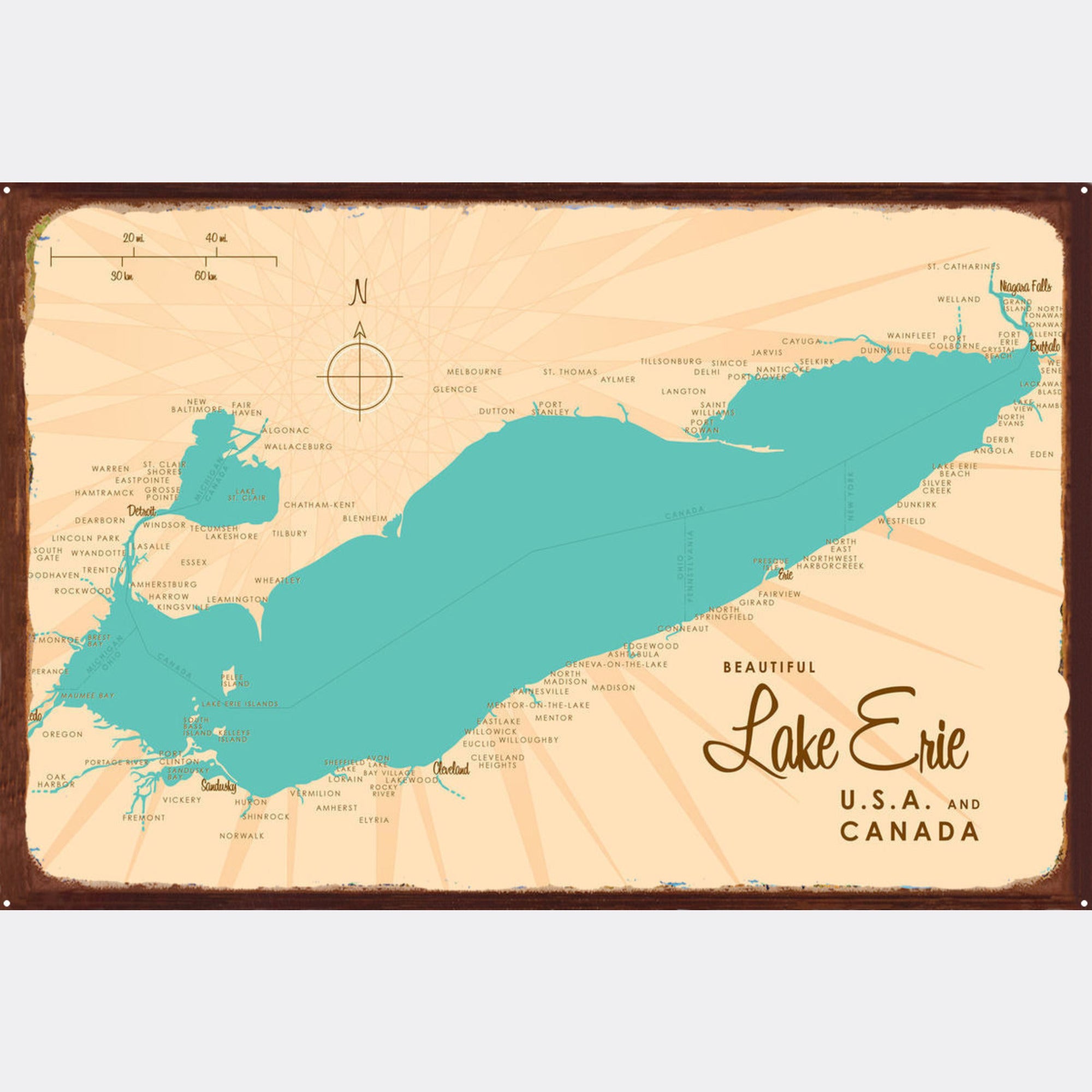 Lake Erie USA Canada, Rustic Metal Sign Map Art