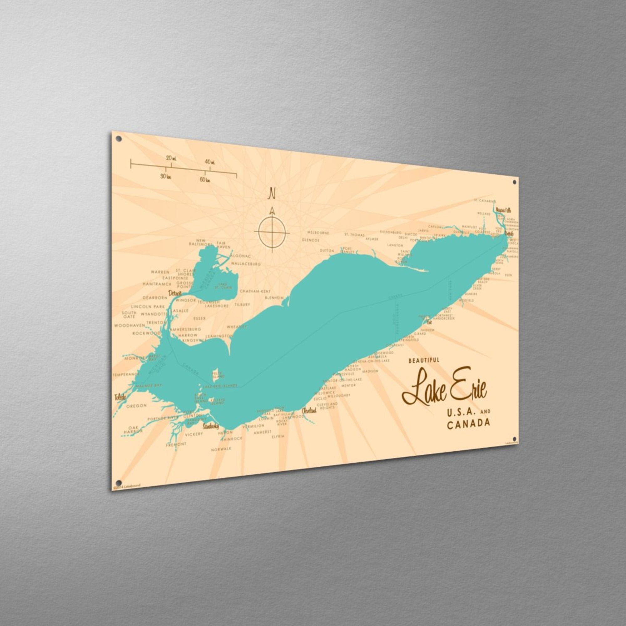 Lake Erie USA Canada, Metal Sign Map Art