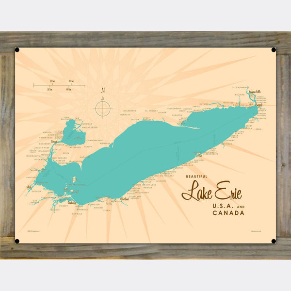 Lake Erie USA Canada, Wood-Mounted Metal Sign Map Art