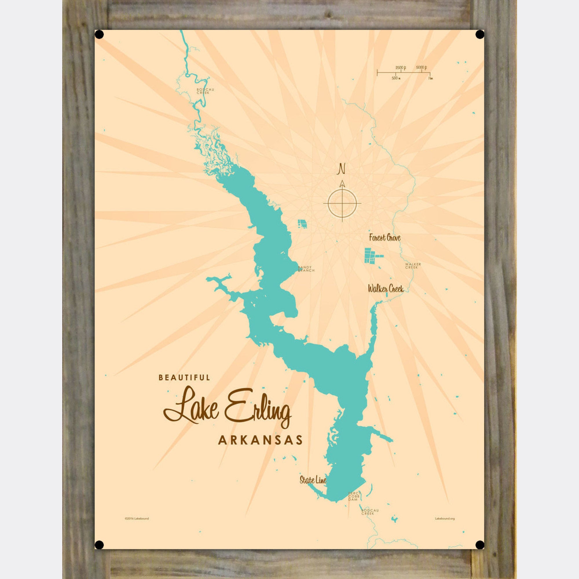 Lake Erling Arkansas, Wood-Mounted Metal Sign Map Art