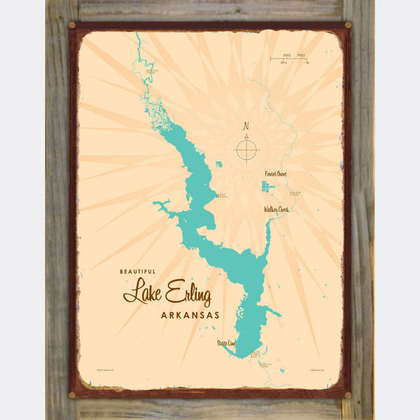 Lake Erling Arkansas, Wood-Mounted Rustic Metal Sign Map Art