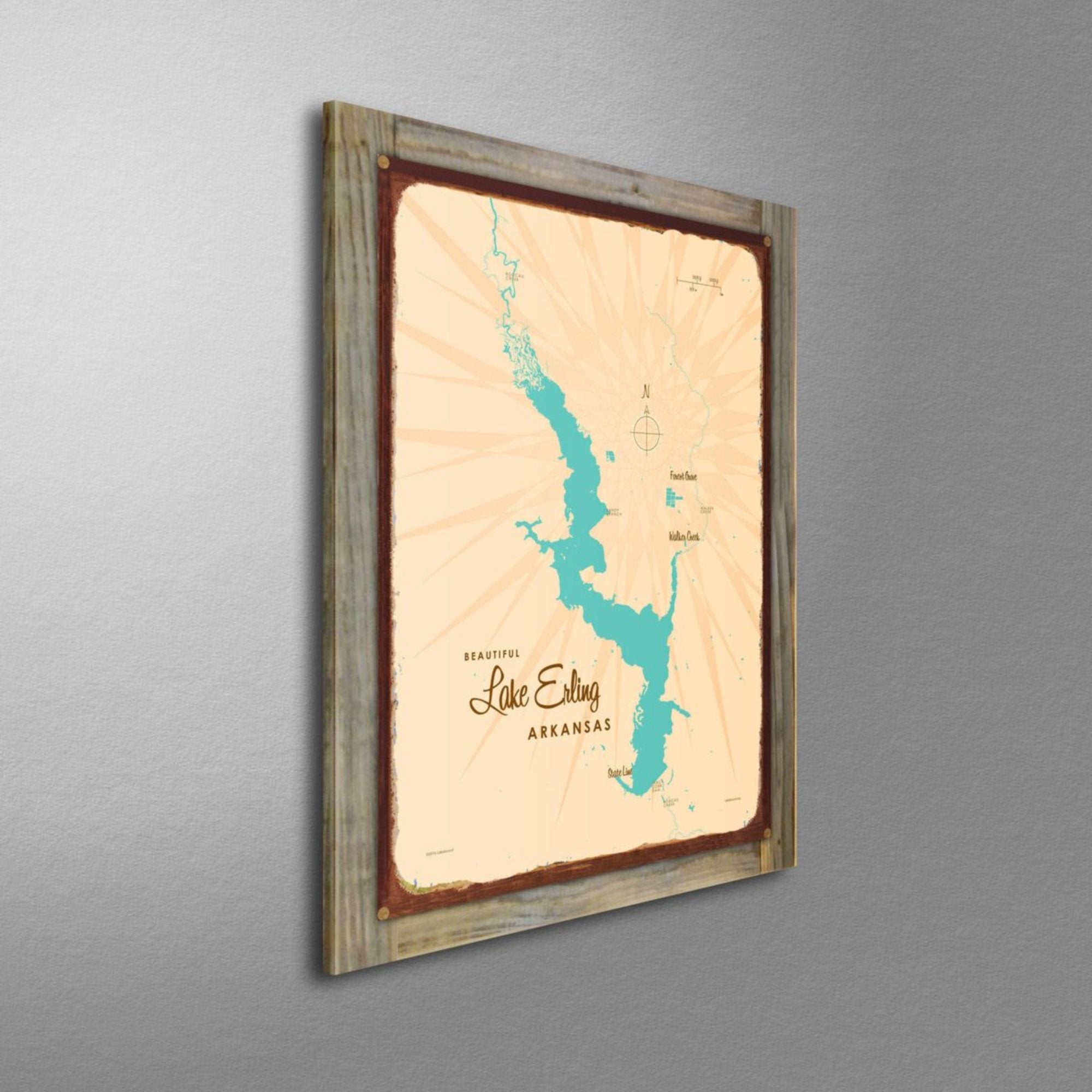 Lake Erling Arkansas, Wood-Mounted Rustic Metal Sign Map Art