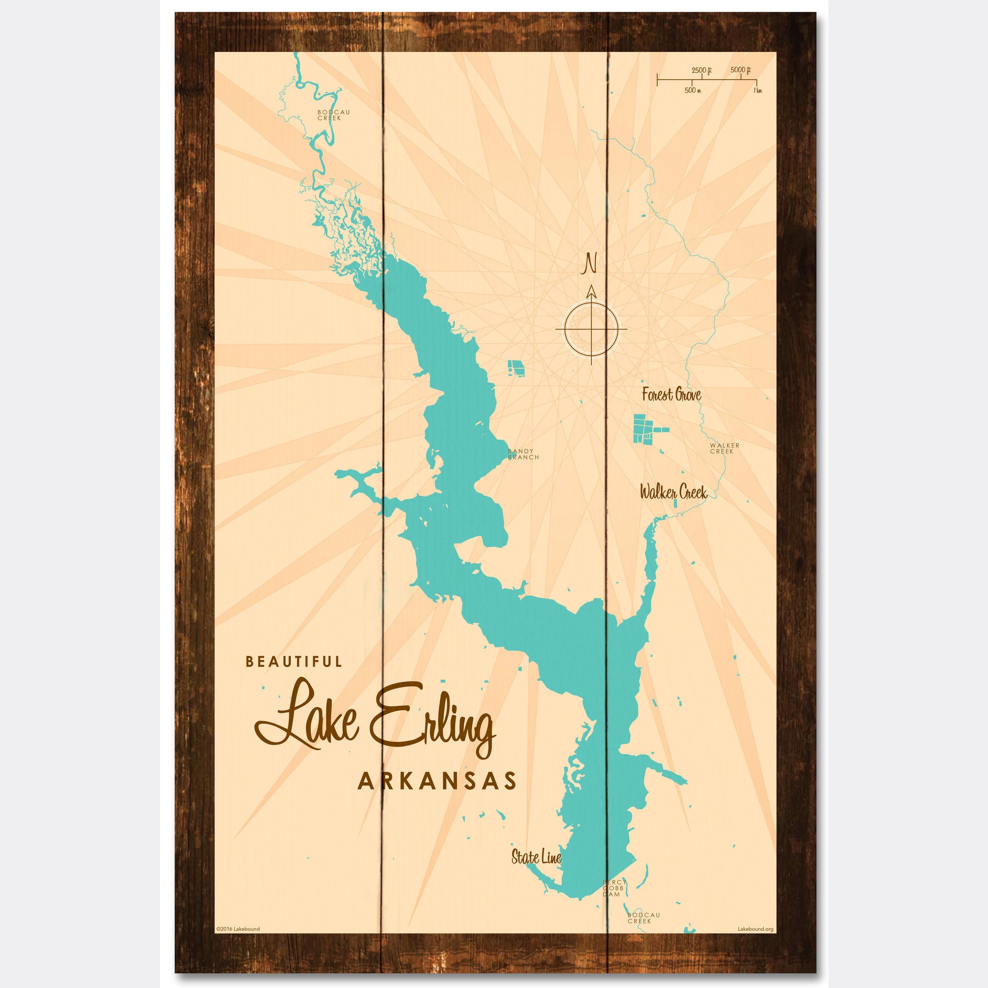 Lake Erling Arkansas, Rustic Wood Sign Map Art