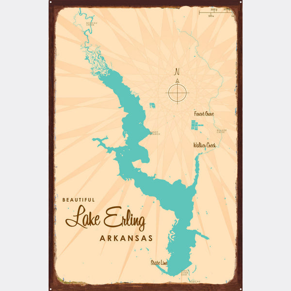 Lake Erling Arkansas, Rustic Metal Sign Map Art