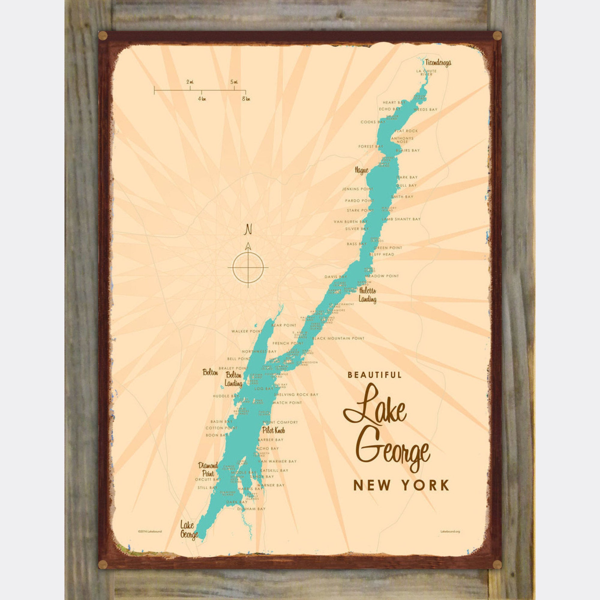 Lake George New York, Wood-Mounted Rustic Metal Sign Map Art