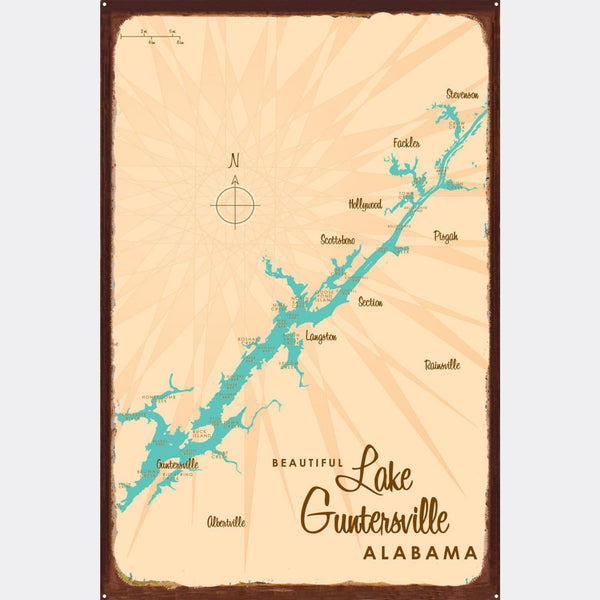 Lake Guntersville Alabama, Rustic Metal Sign Map Art