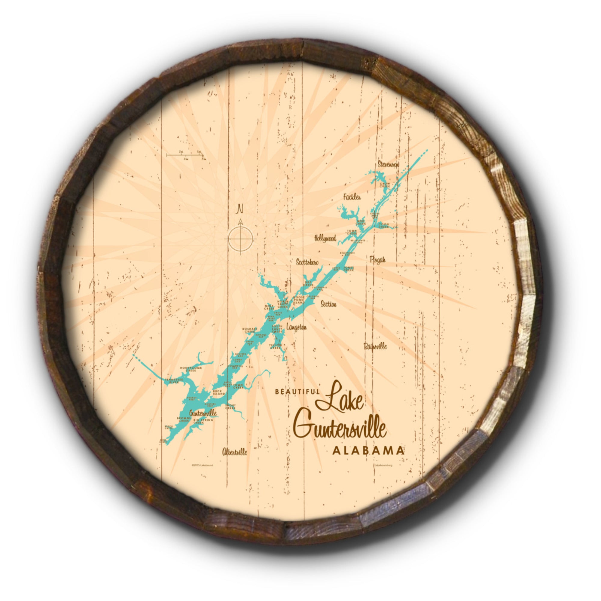 Lake Guntersville Alabama, Rustic Barrel End Map Art