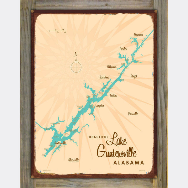 Lake Guntersville Alabama, Wood-Mounted Rustic Metal Sign Map Art