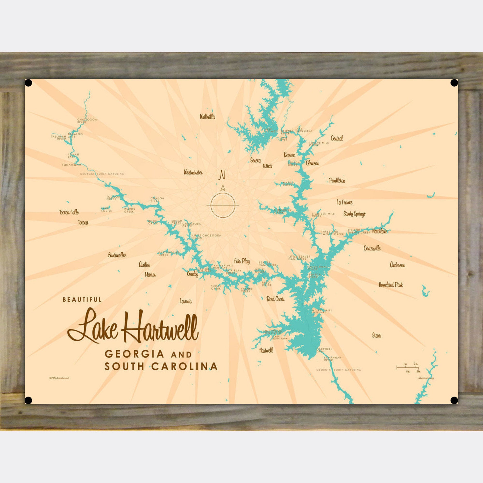 Lake Hartwell Georgia South Carolina, Wood-Mounted Metal Sign Map Art