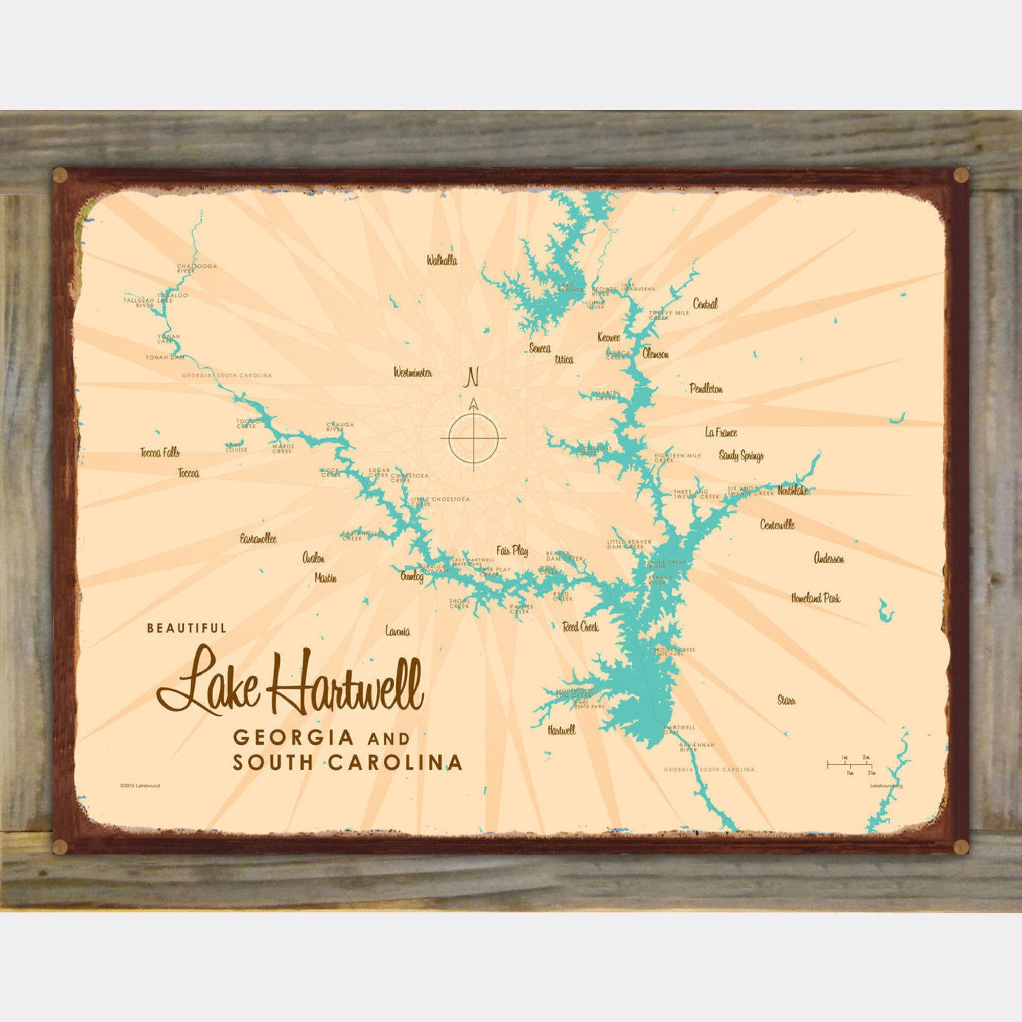 Lake Hartwell Georgia South Carolina, Wood-Mounted Rustic Metal Sign Map Art