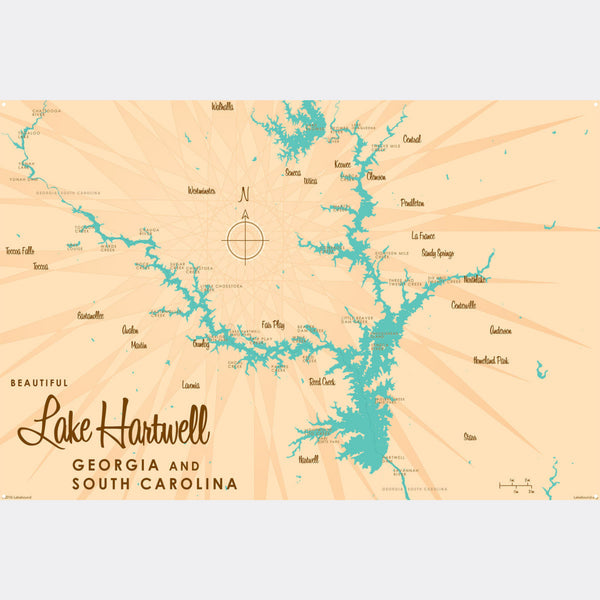 Lake Hartwell Georgia South Carolina, Metal Sign Map Art
