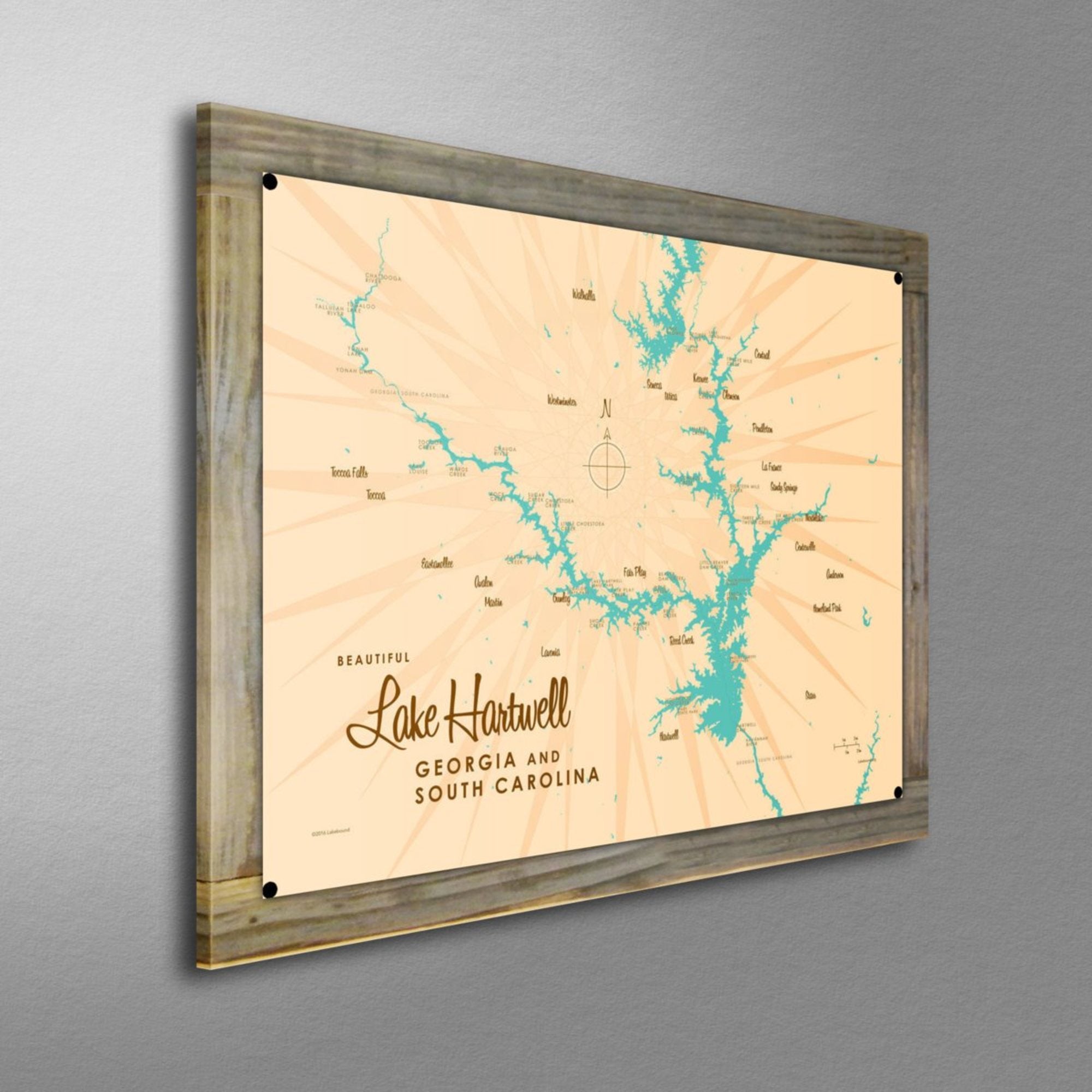 Lake Hartwell Georgia South Carolina, Wood-Mounted Metal Sign Map Art