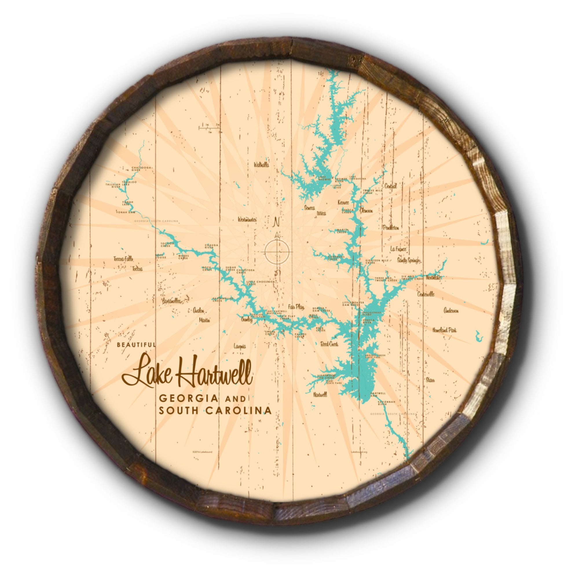 Lake Hartwell, Rustic Barrel End Map Art
