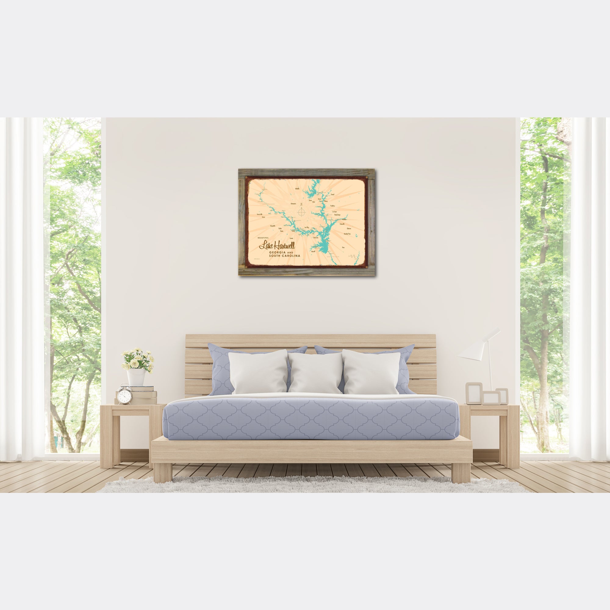 Lake Hartwell Georgia South Carolina, Wood-Mounted Rustic Metal Sign Map Art