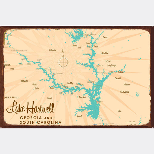 Lake Hartwell Georgia South Carolina, Rustic Metal Sign Map Art