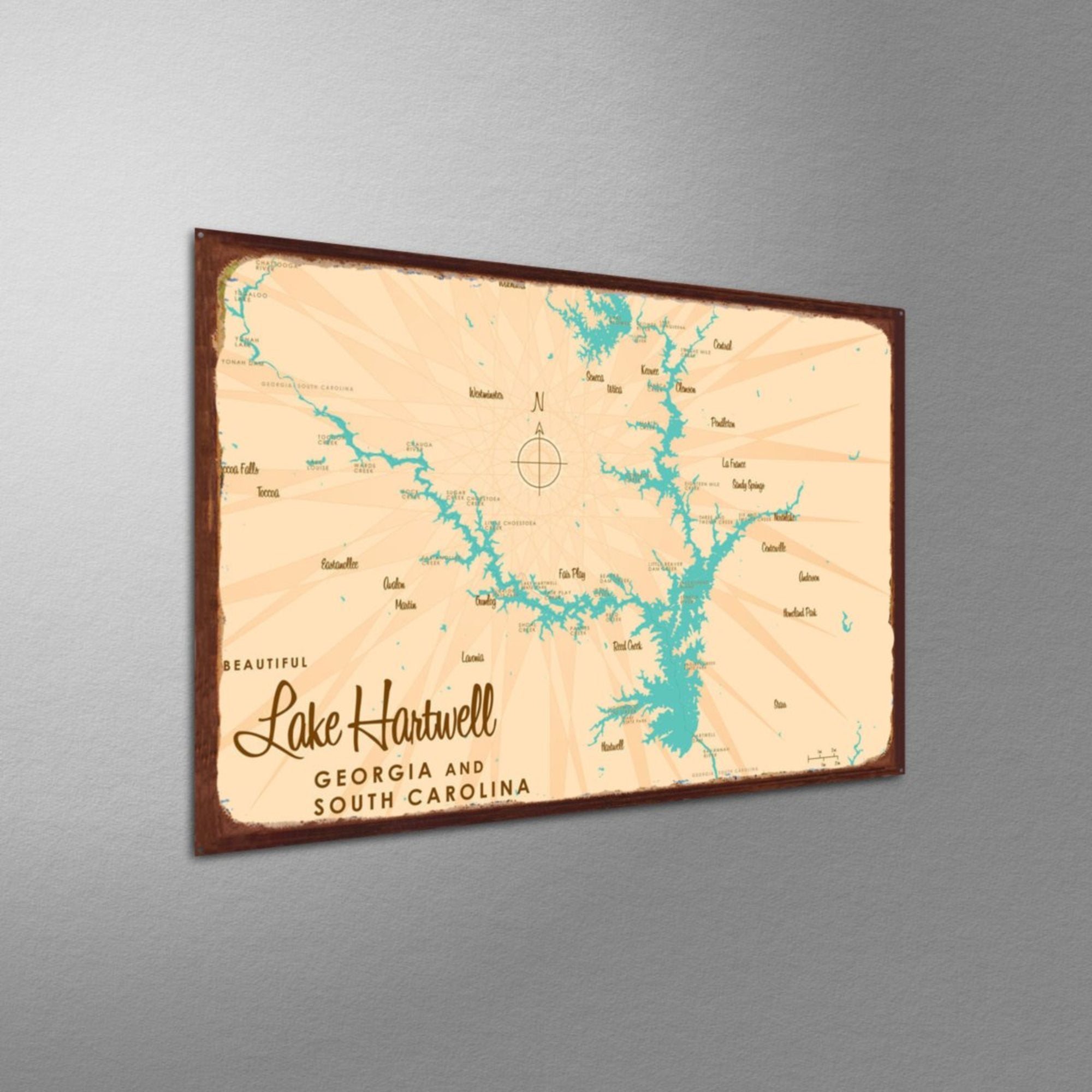 Lake Hartwell Georgia South Carolina, Rustic Metal Sign Map Art