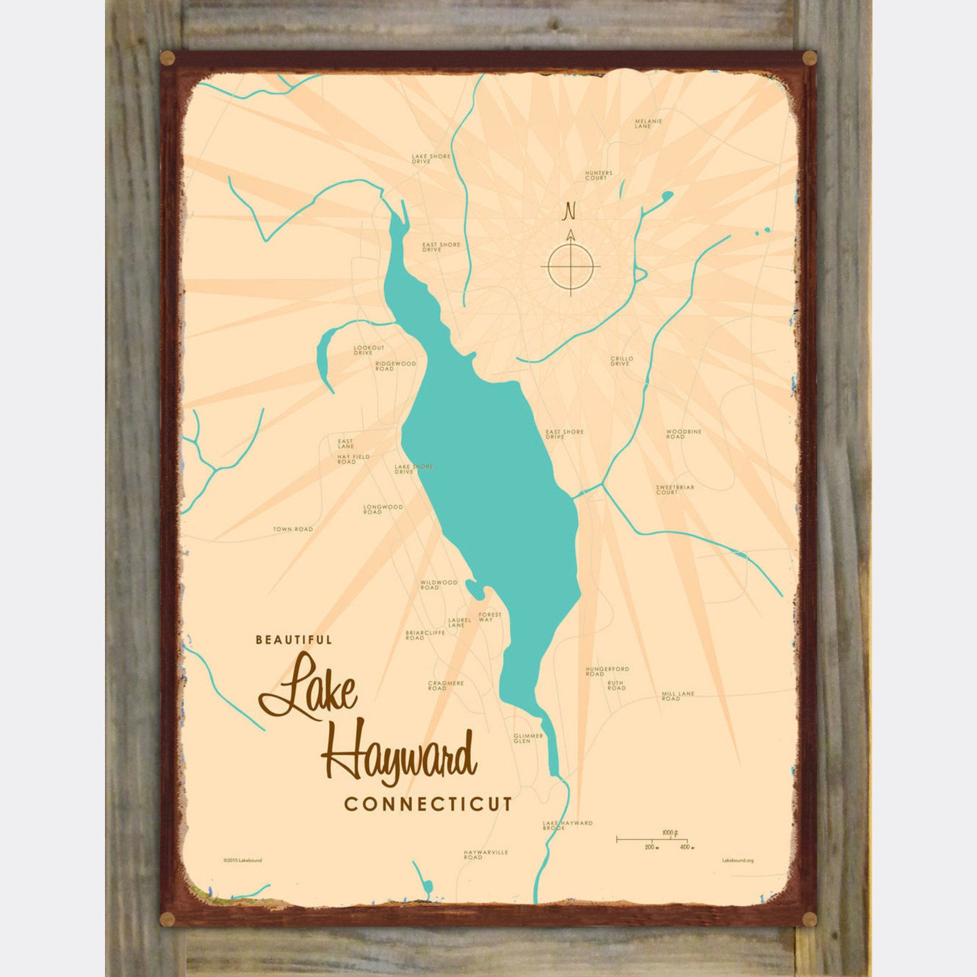 Lake Hayward Connecticut, Wood-Mounted Rustic Metal Sign Map Art