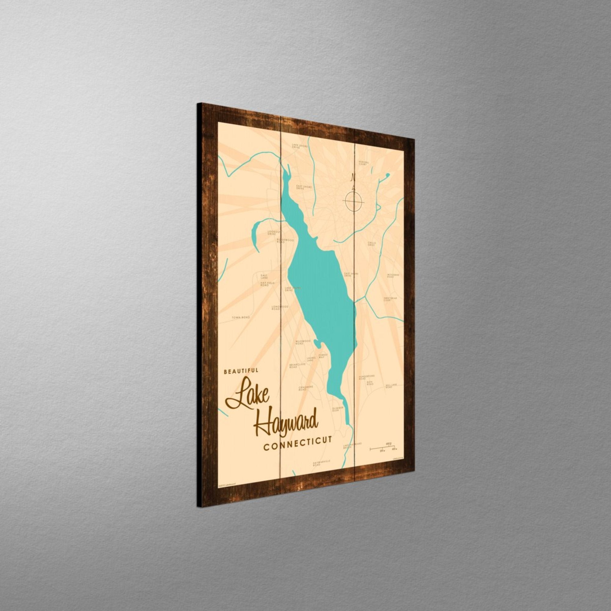 Lake Hayward Connecticut, Rustic Wood Sign Map Art