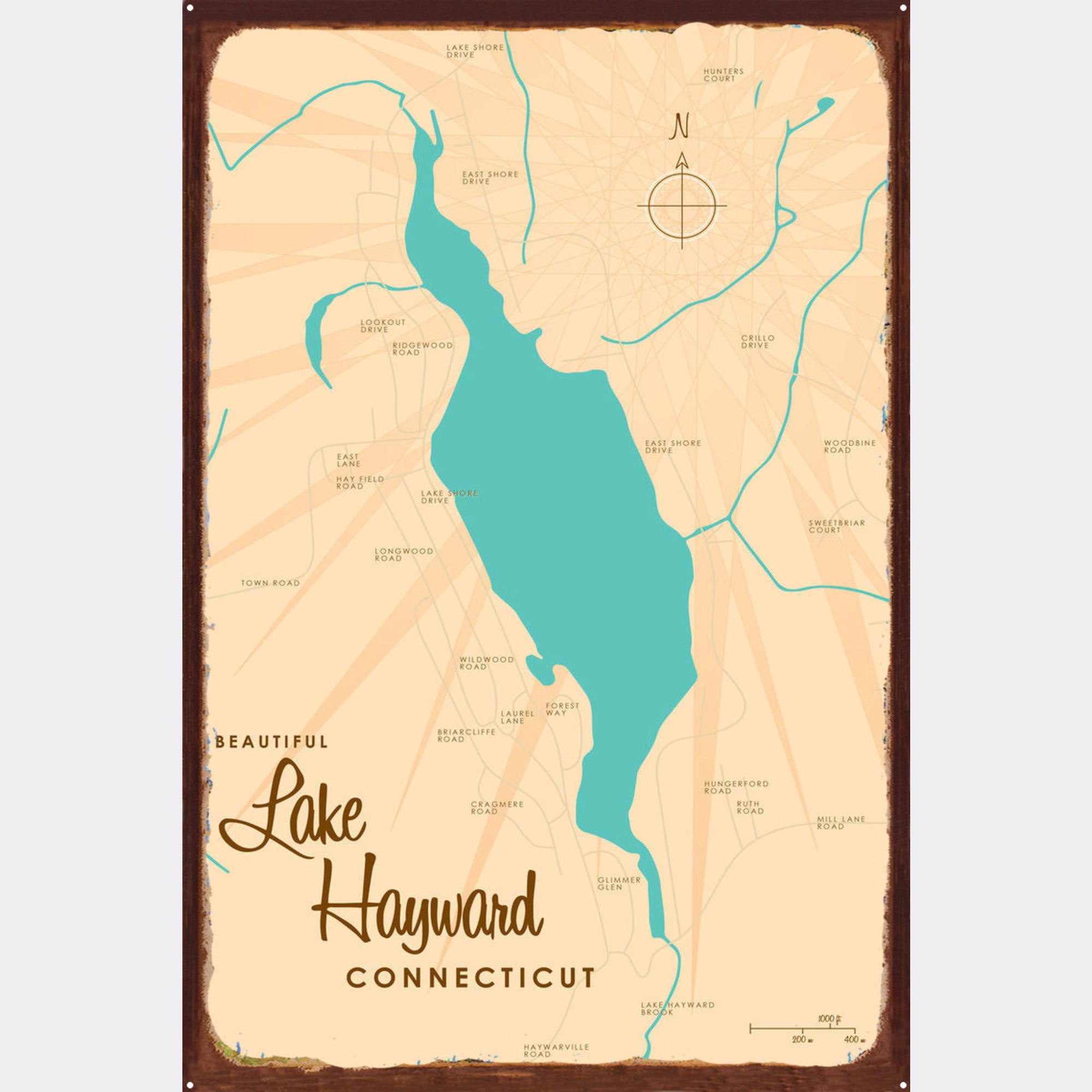 Lake Hayward Connecticut, Rustic Metal Sign Map Art