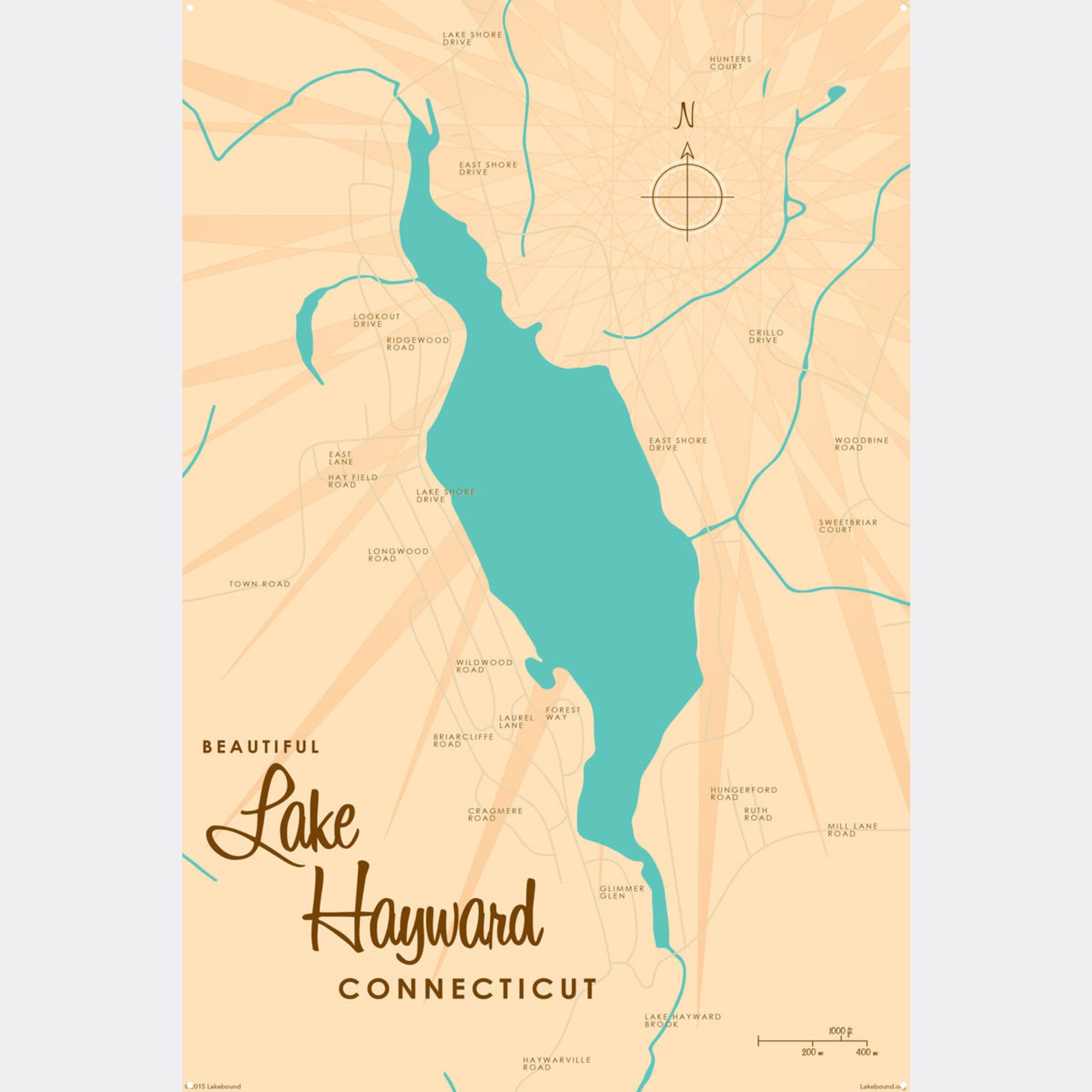 Lake Hayward Connecticut, Metal Sign Map Art