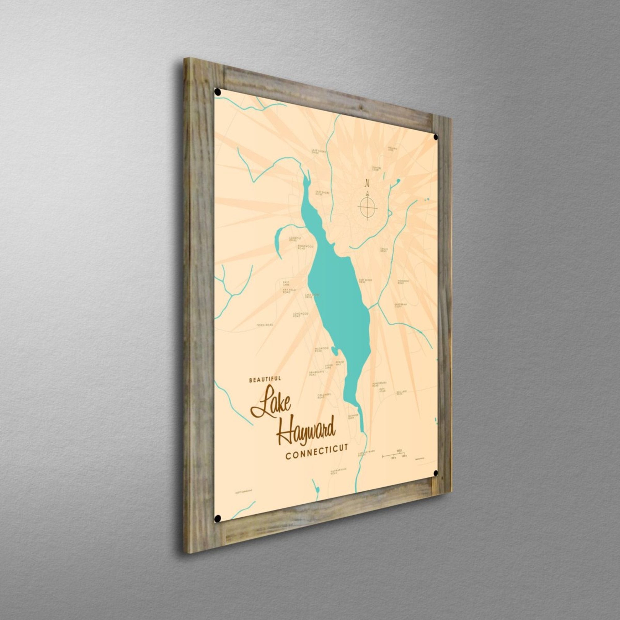 Lake Hayward Connecticut, Wood-Mounted Metal Sign Map Art