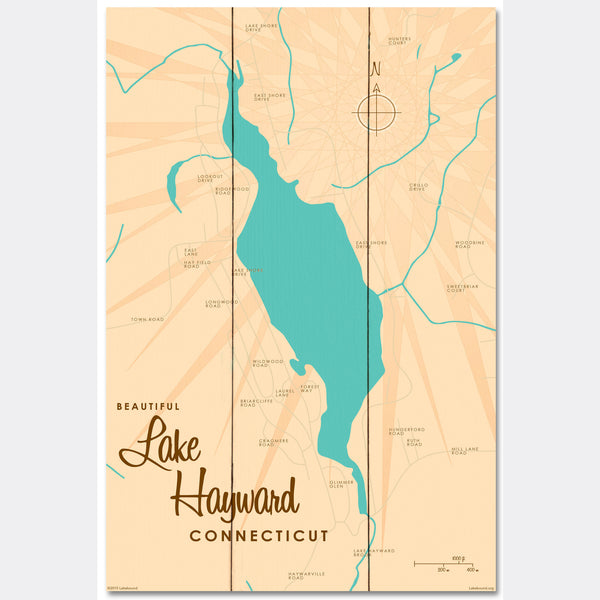 Lake Hayward Connecticut, Wood Sign Map Art
