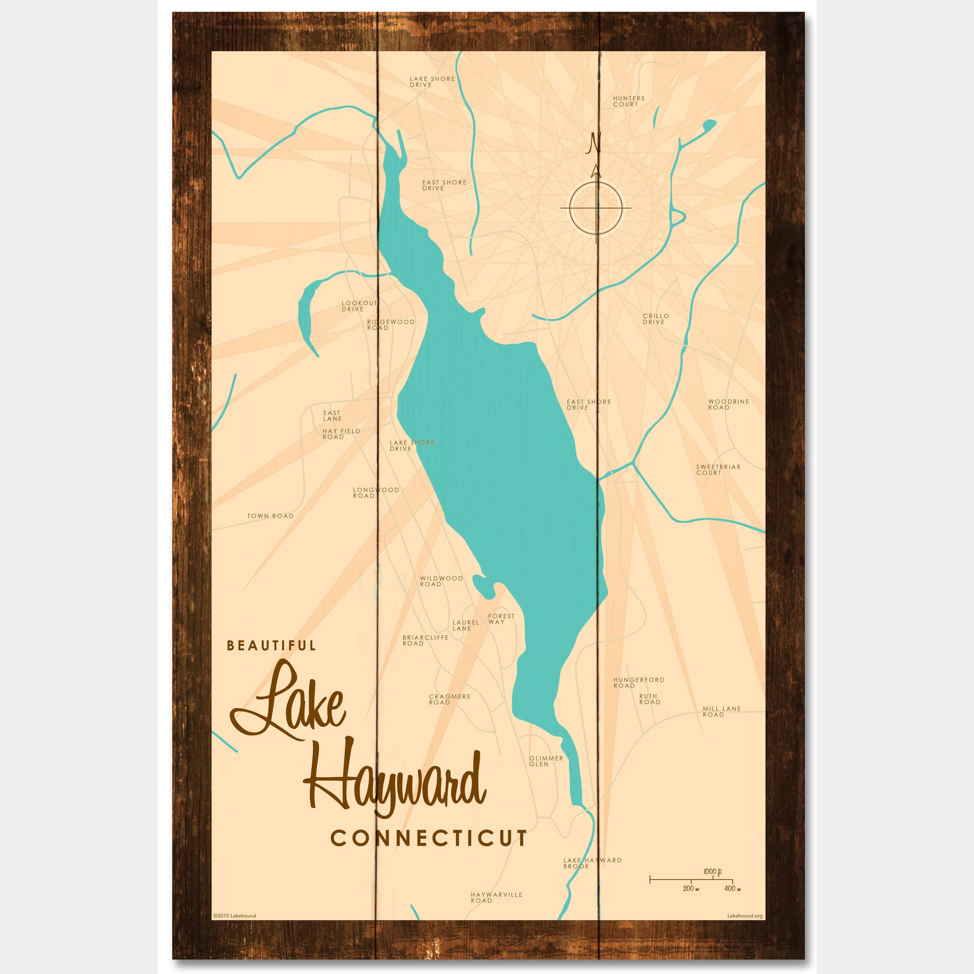 Lake Hayward Connecticut, Rustic Wood Sign Map Art