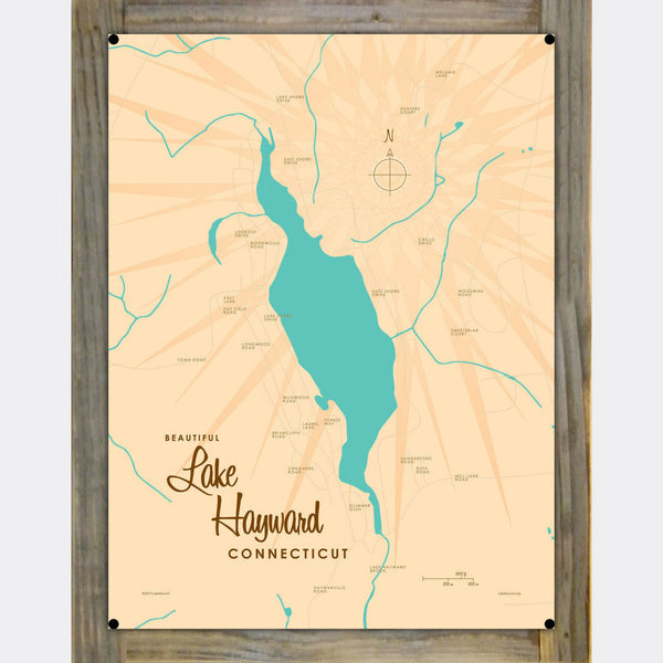 Lake Hayward Connecticut, Wood-Mounted Metal Sign Map Art