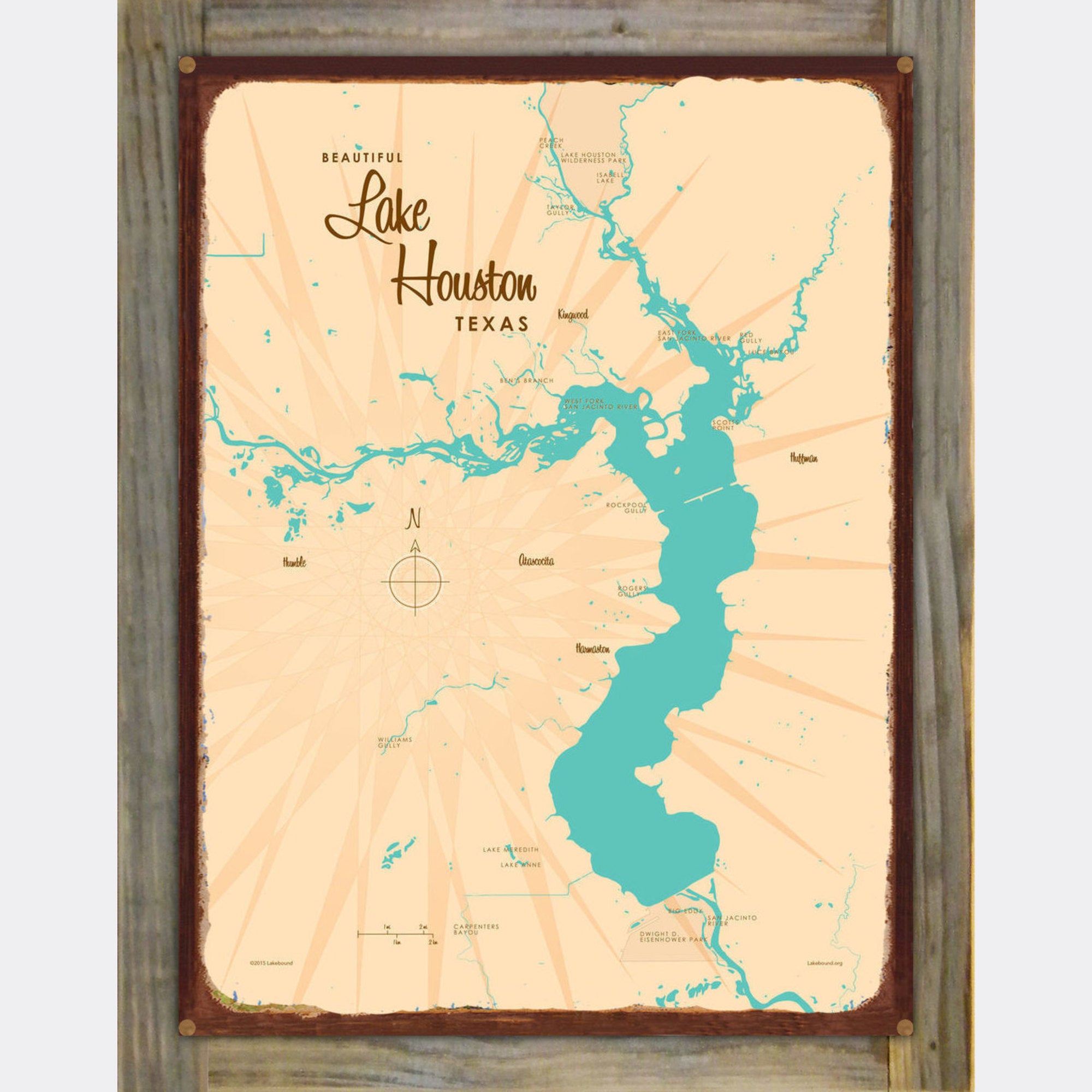 Lake Houston Texas, Wood-Mounted Rustic Metal Sign Map Art