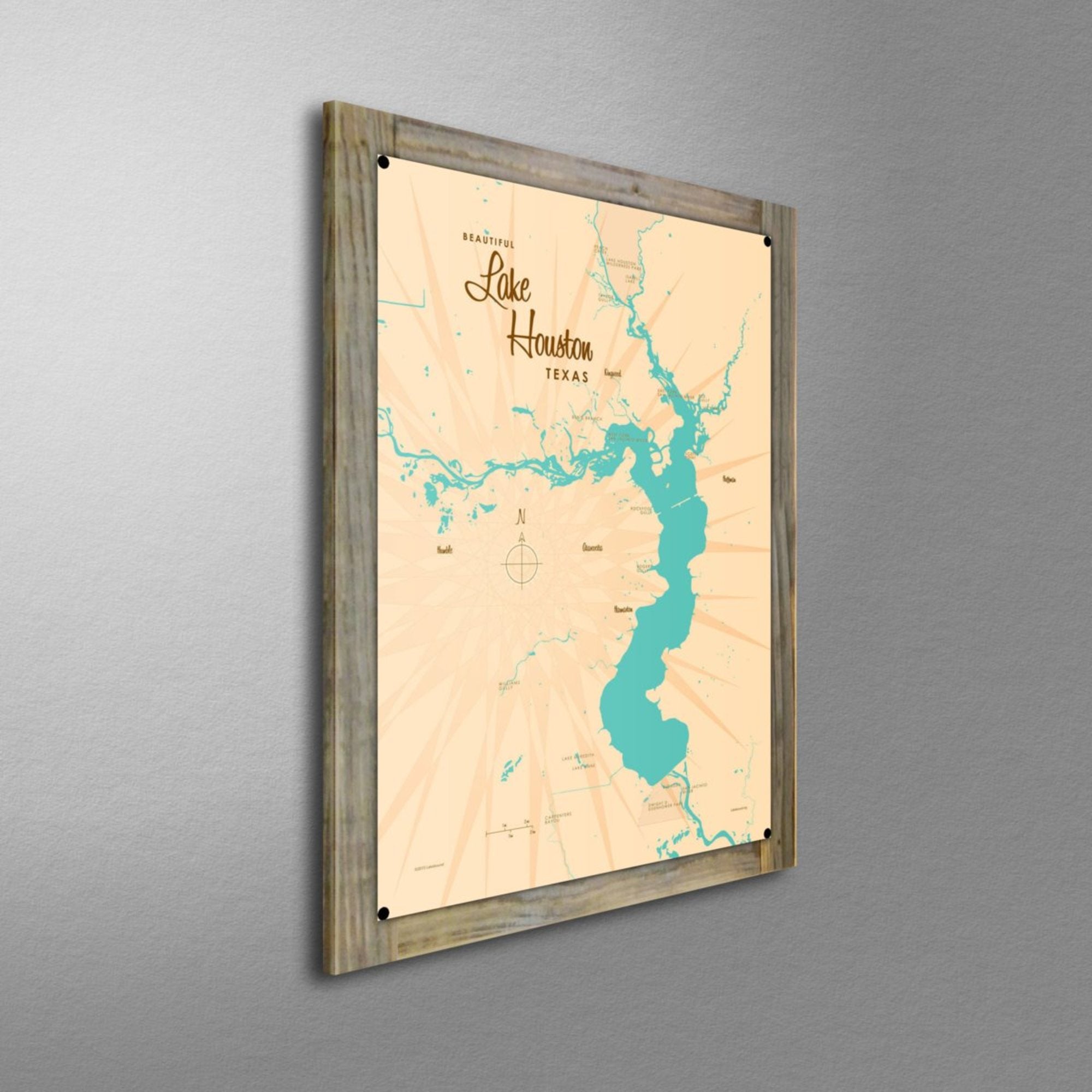 Lake Houston Texas, Wood-Mounted Metal Sign Map Art