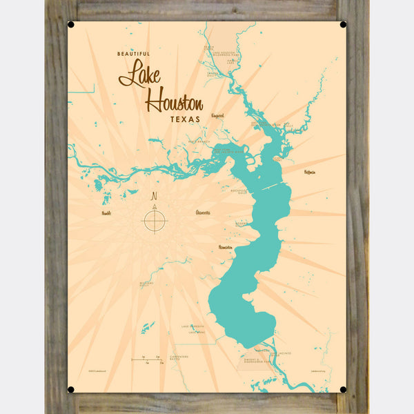 Lake Houston Texas, Wood-Mounted Metal Sign Map Art