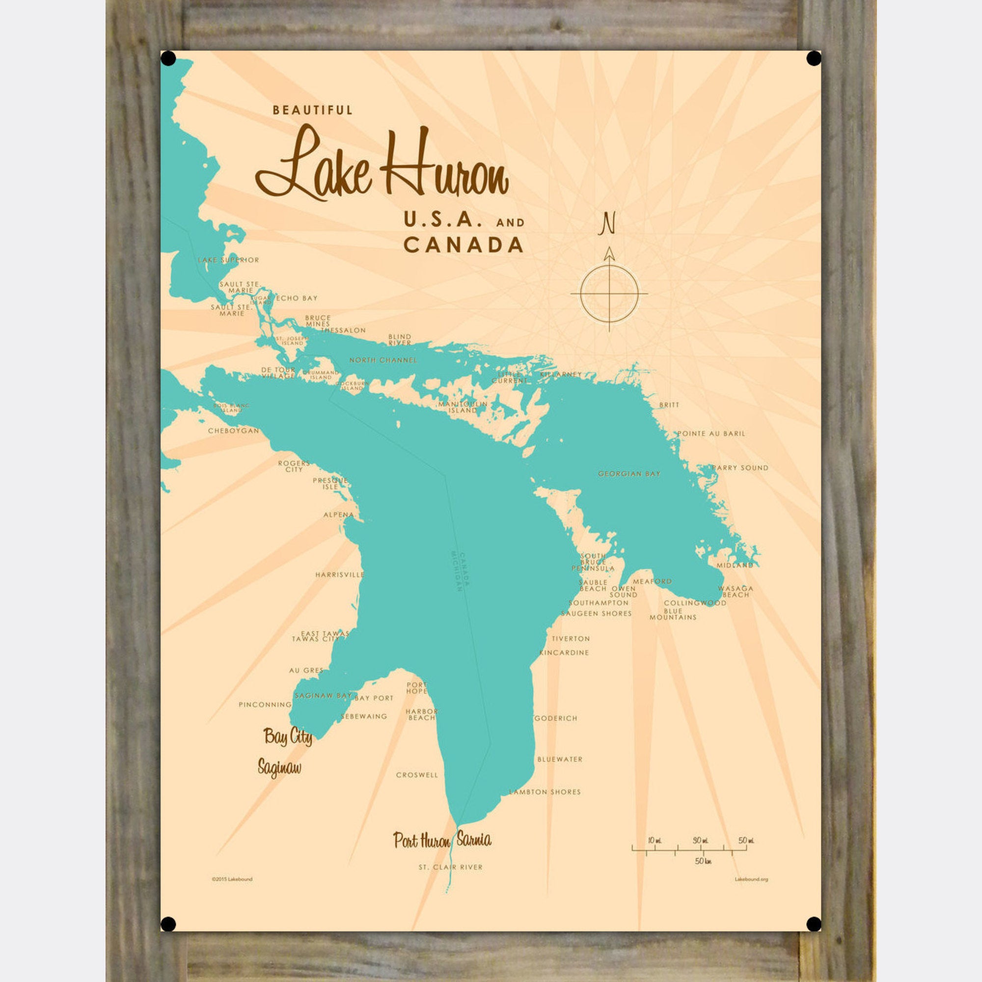 Lake Huron USA Canada, Wood-Mounted Metal Sign Map Art