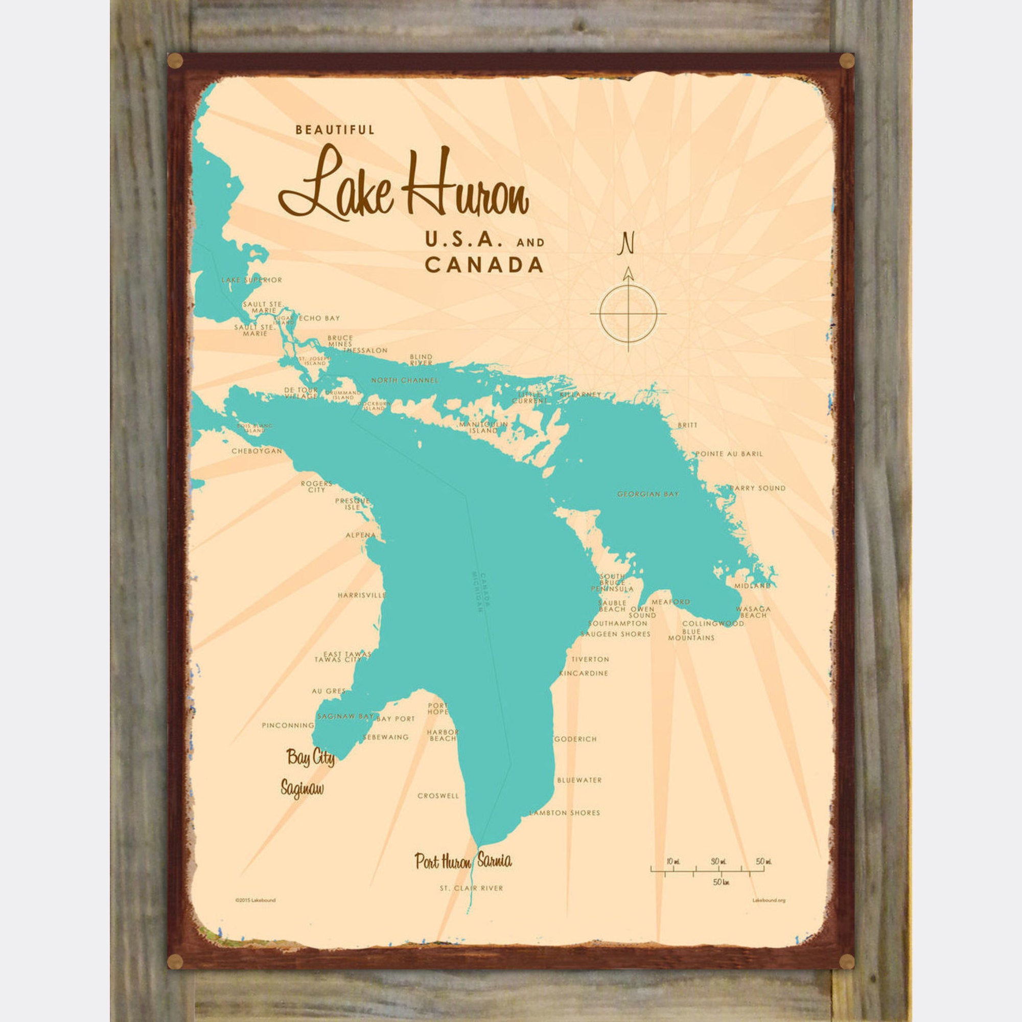 Lake Huron USA Canada, Wood-Mounted Rustic Metal Sign Map Art