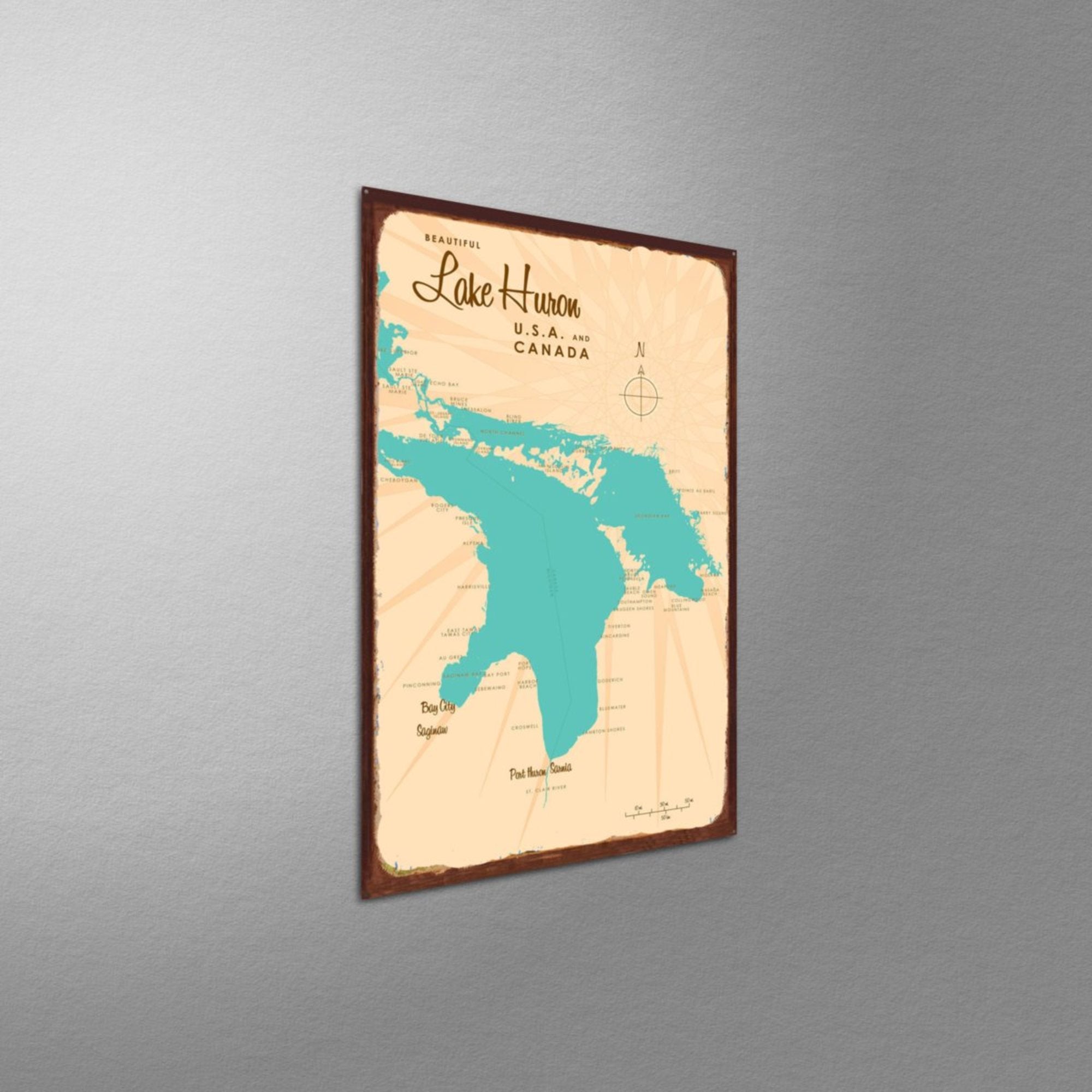 Lake Huron USA Canada, Rustic Metal Sign Map Art