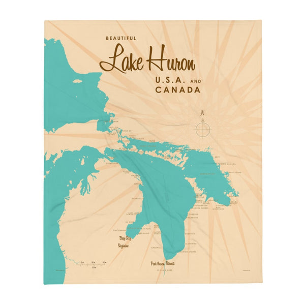 Lake Huron USA Canada Throw Blanket