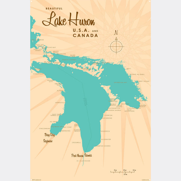 Lake Huron USA Canada, Metal Sign Map Art