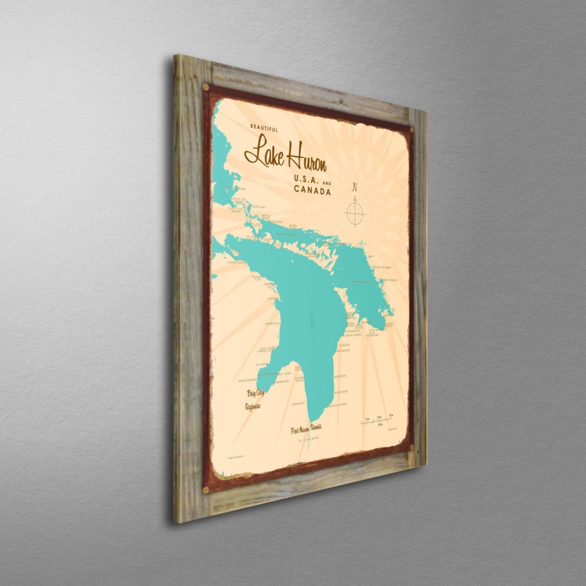 Lake Huron USA Canada, Wood-Mounted Rustic Metal Sign Map Art