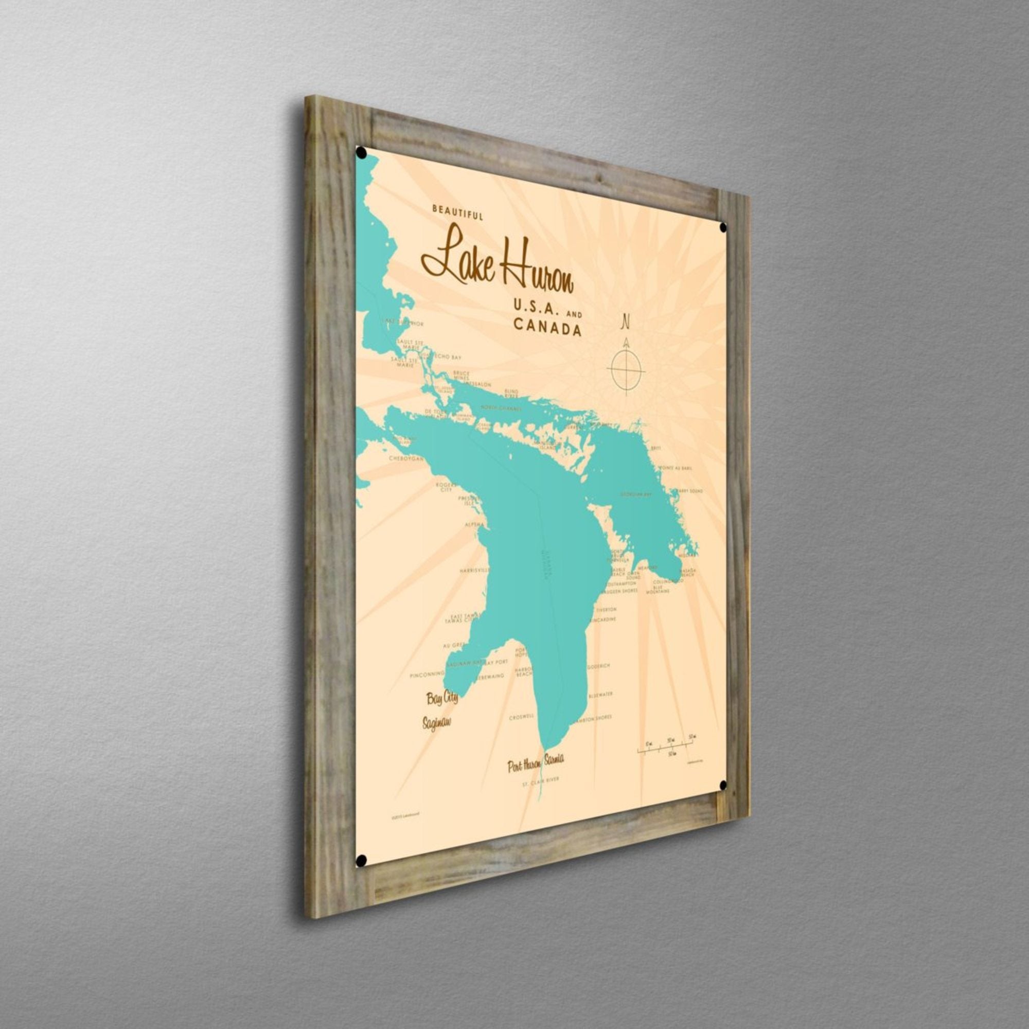Lake Huron USA Canada, Wood-Mounted Metal Sign Map Art