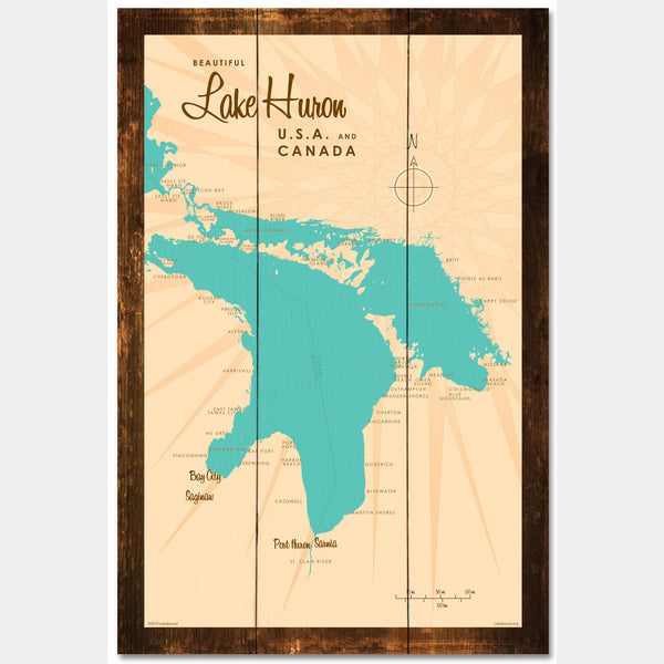 Lake Huron Michigan, Rustic Wood Sign Map Art