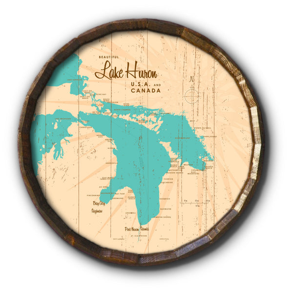 Lake Huron Michigan, Rustic Barrel End Map Art