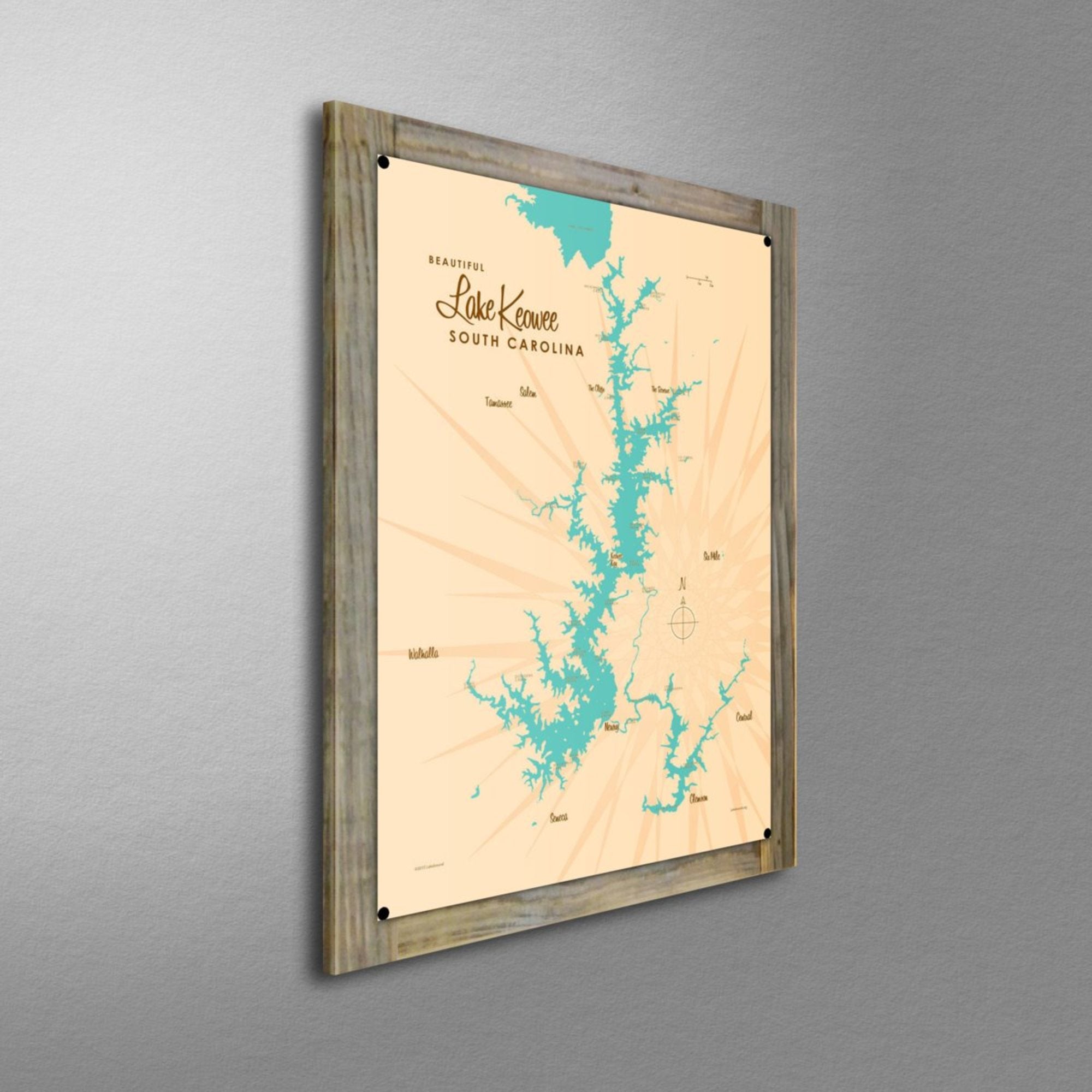 Lake Keowee South Carolina, Wood-Mounted Metal Sign Map Art