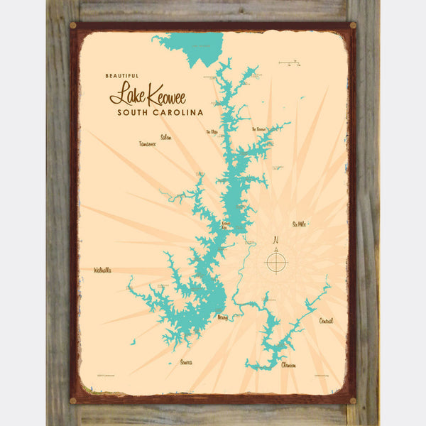 Lake Keowee South Carolina, Wood-Mounted Rustic Metal Sign Map Art