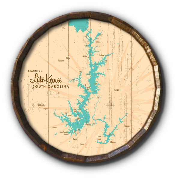 Lake Keowee South Carolina, Rustic Barrel End Map Art