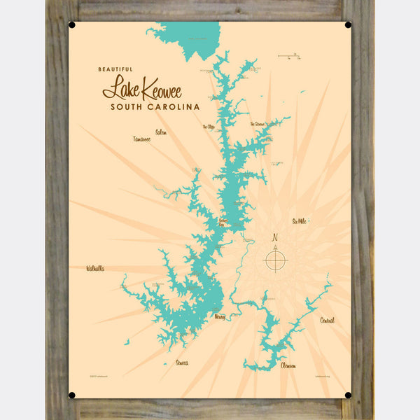Lake Keowee South Carolina, Wood-Mounted Metal Sign Map Art