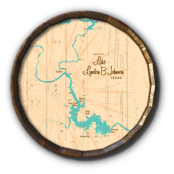 Lake LBJ Texas, Rustic Barrel End Map Art