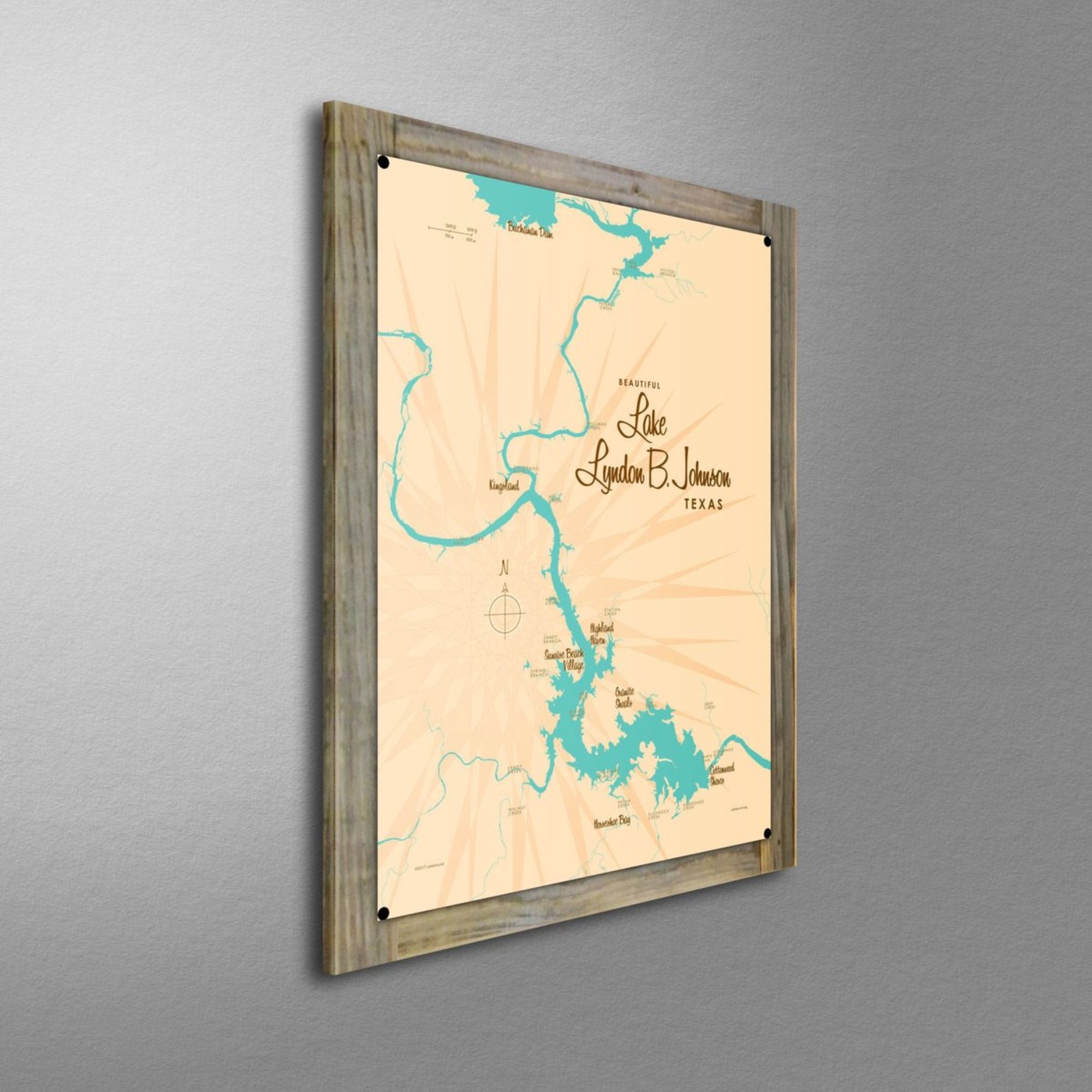 Lake LBJ Texas, Wood-Mounted Metal Sign Map Art