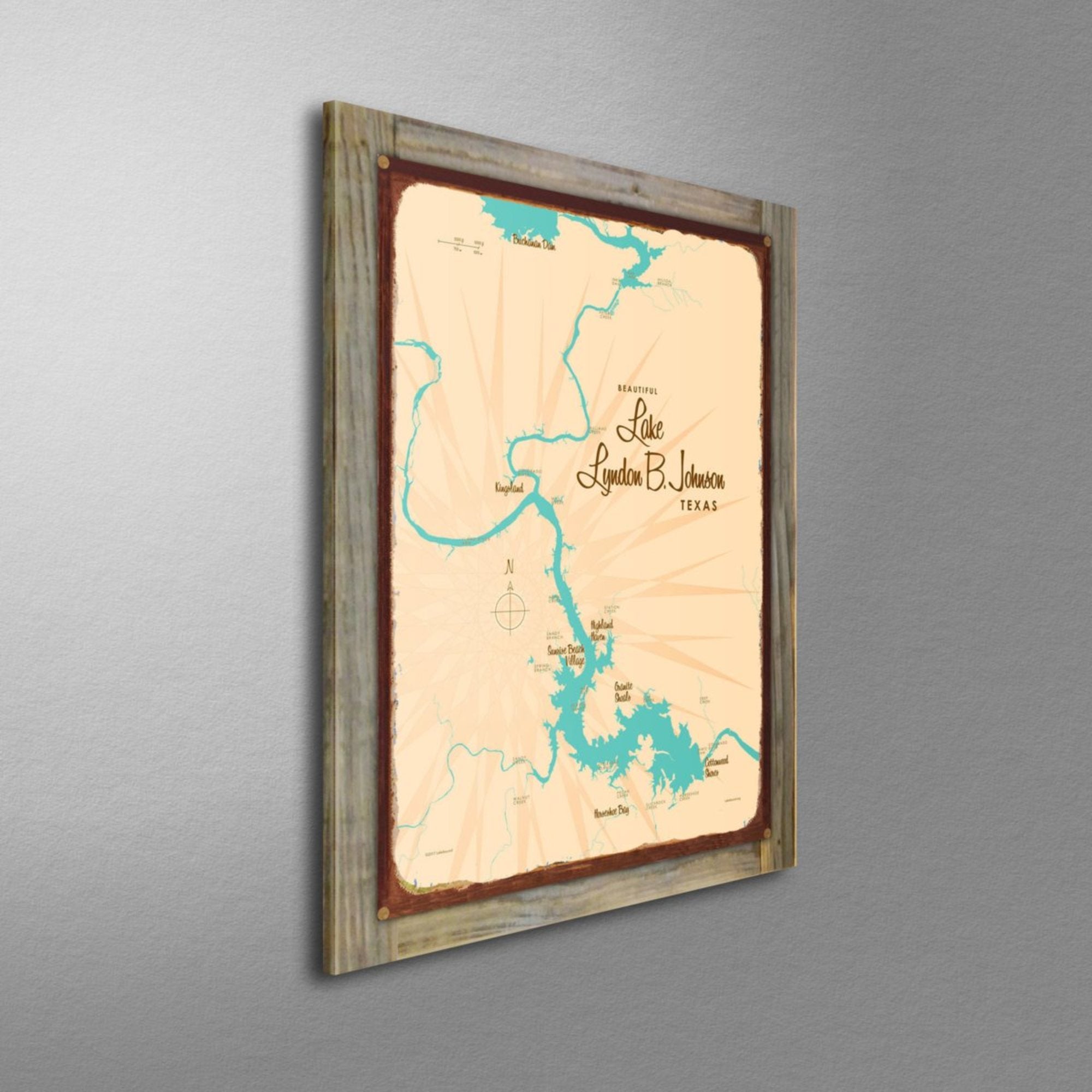 Lake LBJ Texas, Wood-Mounted Rustic Metal Sign Map Art