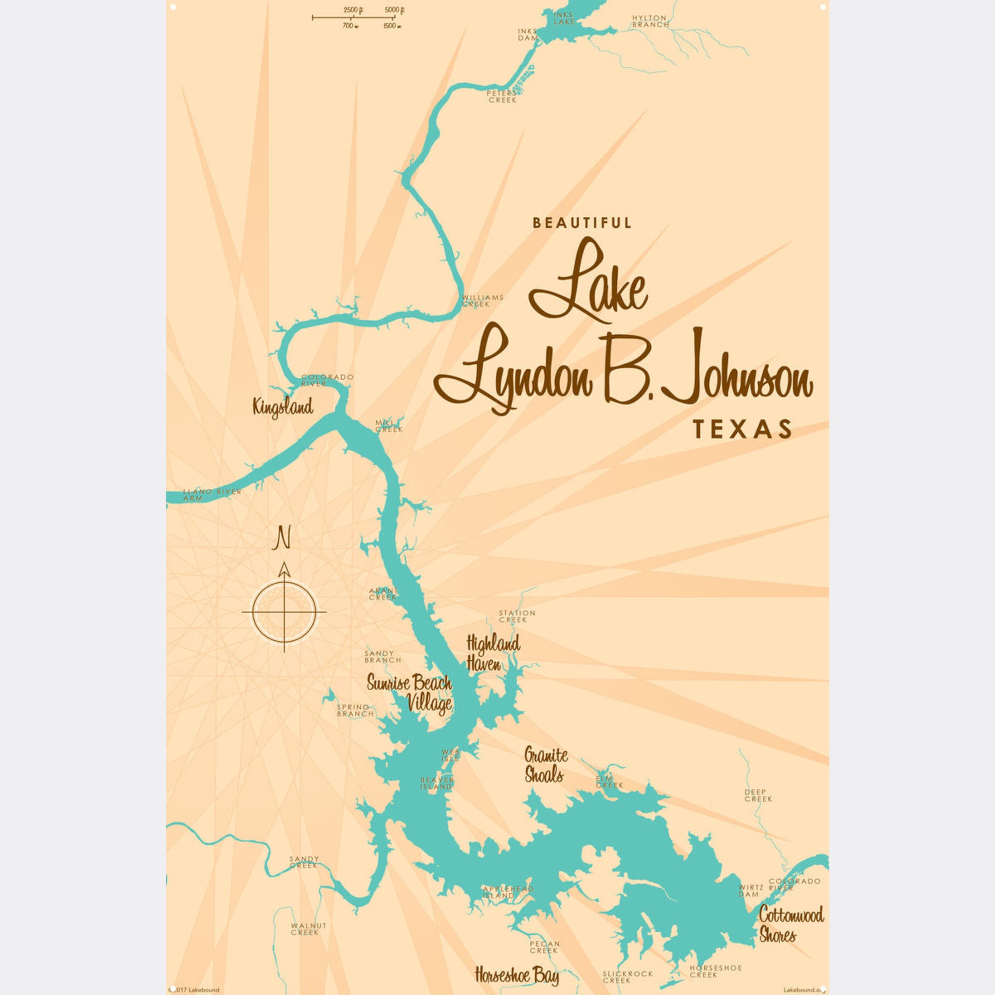 Lake LBJ Texas, Metal Sign Map Art