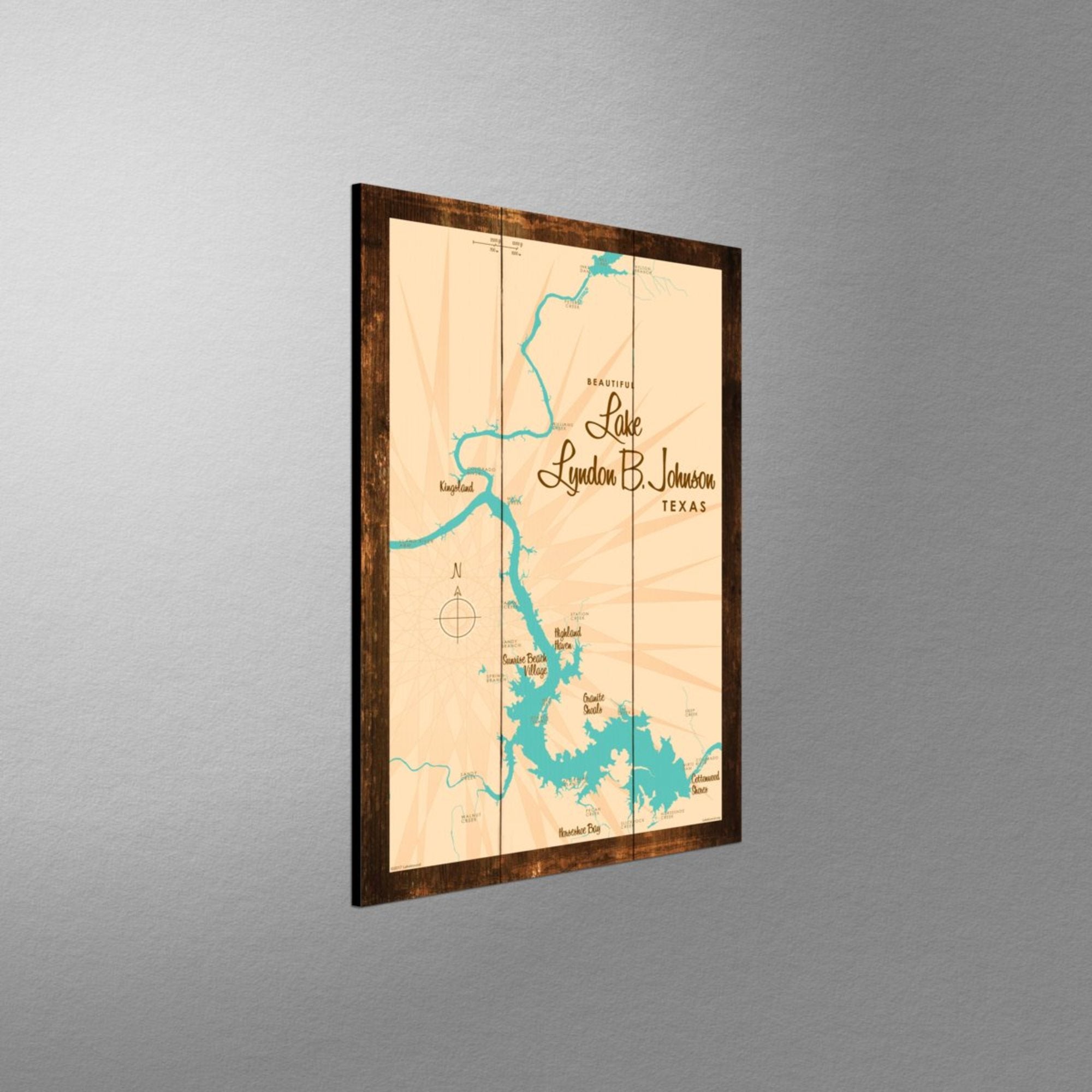 Lake LBJ Texas, Rustic Wood Sign Map Art