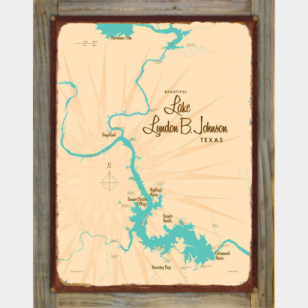 Lake LBJ Texas, Wood-Mounted Rustic Metal Sign Map Art